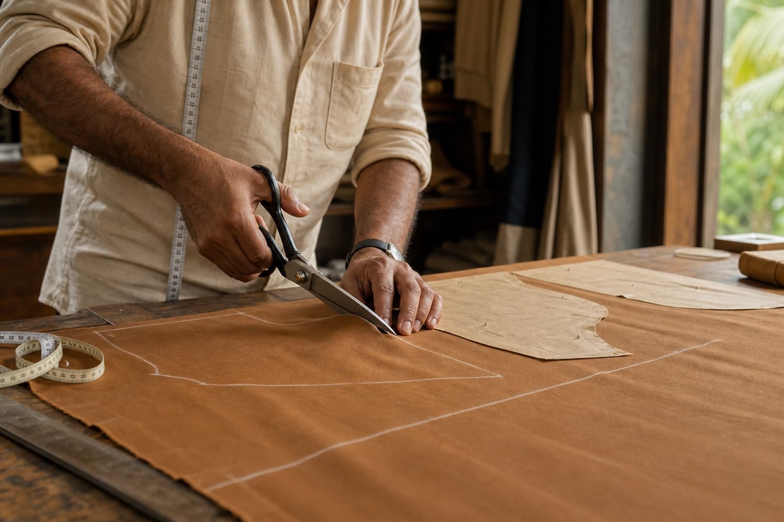 Artisan cutting chalked canvas panels with tailor's shears on a wooden worktable