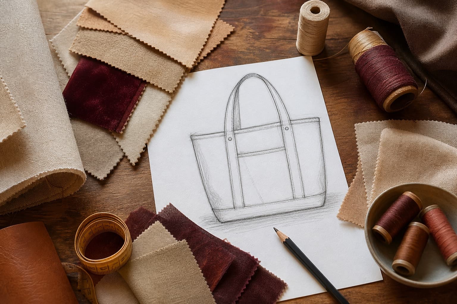 Hand-drawn tote bag sketch surrounded by fabric swatches and thread spools