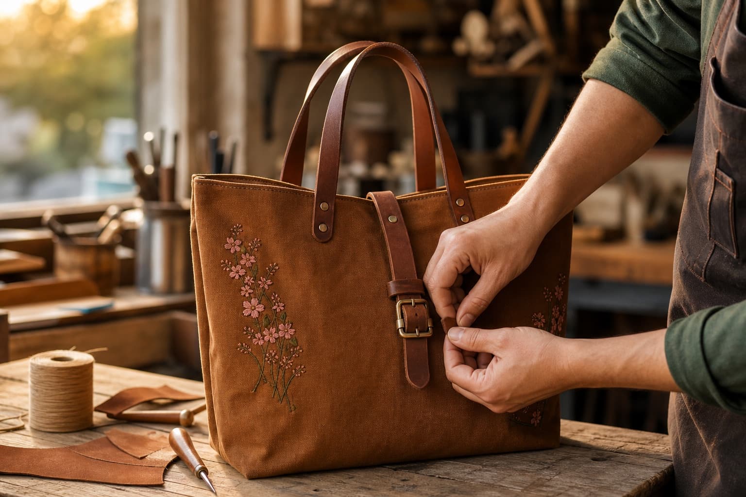 A finished handcrafted custom tote bag with embroidery in the LittleEva workshop