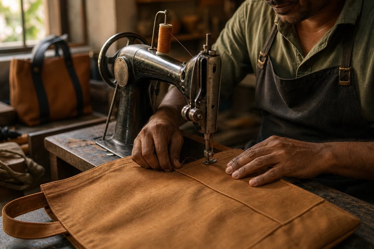Hands guiding a canvas bag panel through a sewing machine