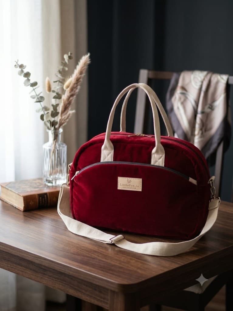 Finished burgundy velvet diaper bag with cream webbing handles and detachable crossbody strap on a wooden table