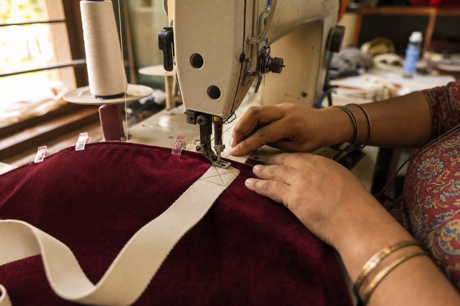 Box-stitching a cream webbing handle onto the burgundy velvet panel at the sewing machine, with fabric clips holding the edge