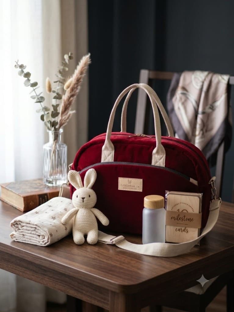 Finished burgundy velvet diaper bag styled with baby essentials - a knitted bunny, muslin swaddle, bottle, and milestone cards