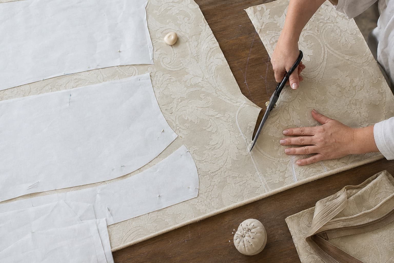 Hands cutting cream damask jacquard fabric with shears and pattern pieces on a workshop table