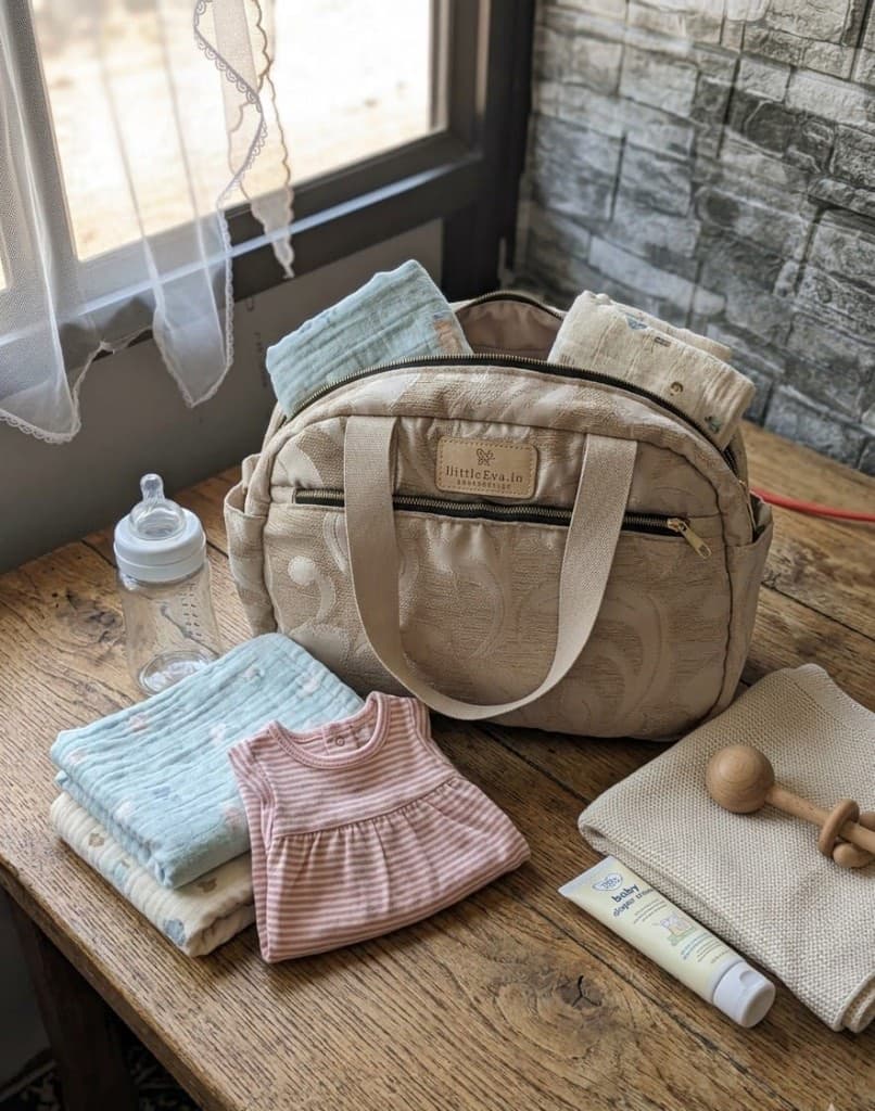 Cream jacquard diaper bag open on a wooden table with muslins inside, surrounded by baby essentials