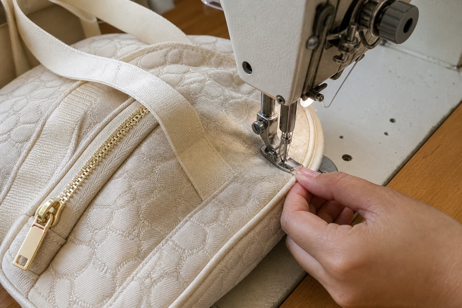 Sewing machine stitching cream piping along a quilted jacquard diaper bag panel
