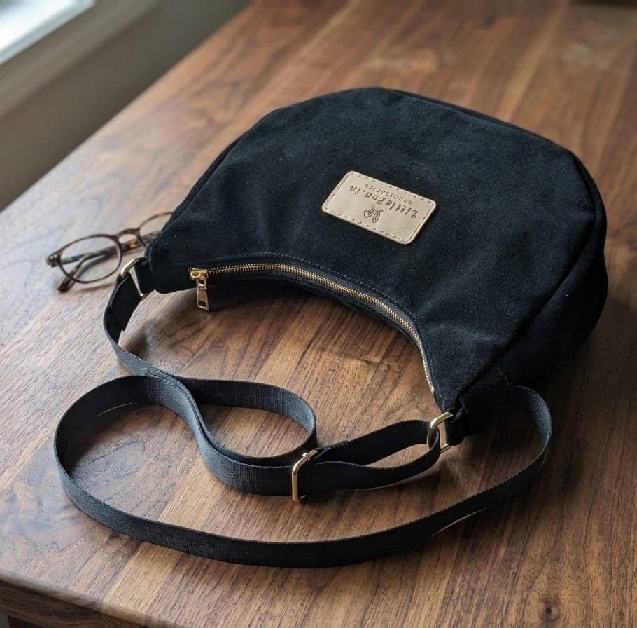 Finished black crescent slide sling bag with gold zipper and leather LittleEva.in label on dark wood