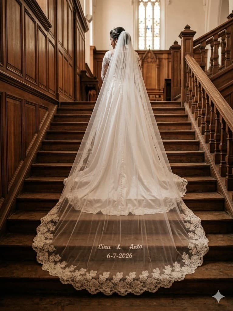 Bride on a church staircase wearing the cathedral veil with lace border and embroidered names and wedding date